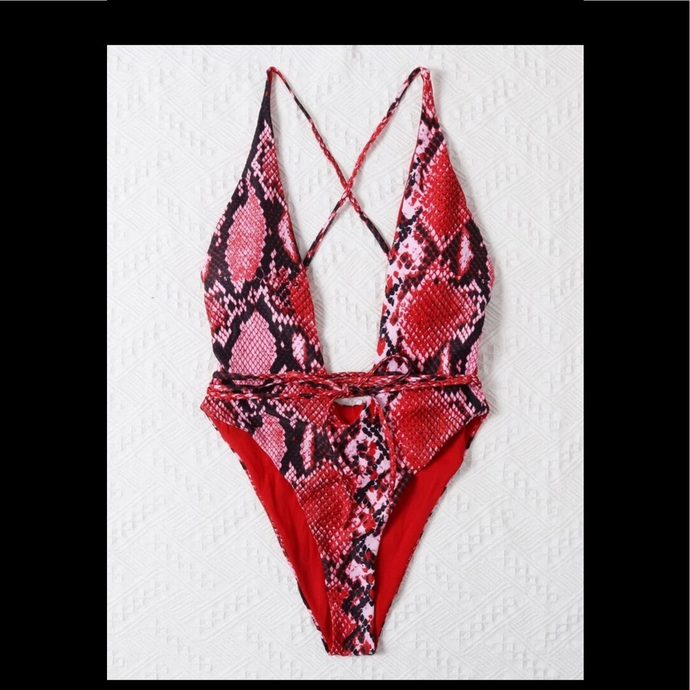 NWOT Snakeskin Print Plunging One Piece Swimsuit - Picture 3 of 3